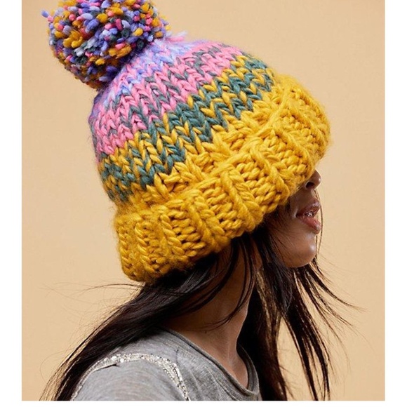 NEW Free People Tide Stripe Knit Pom Beanie Sunshine - Picture 4 of 14
